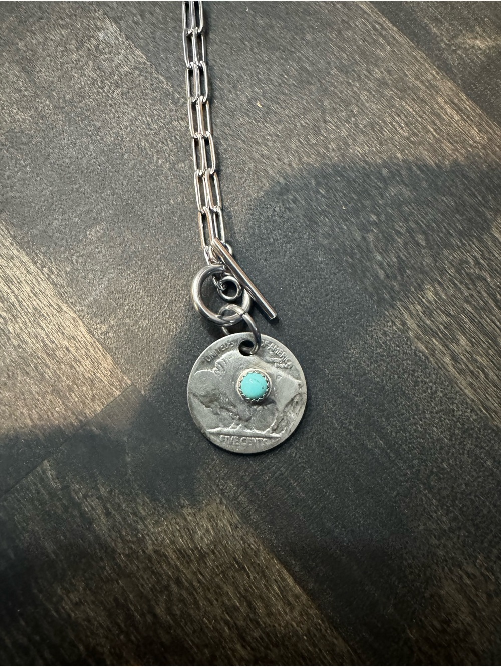 Silver Buffalo Coin Necklace with Turquoise Accent